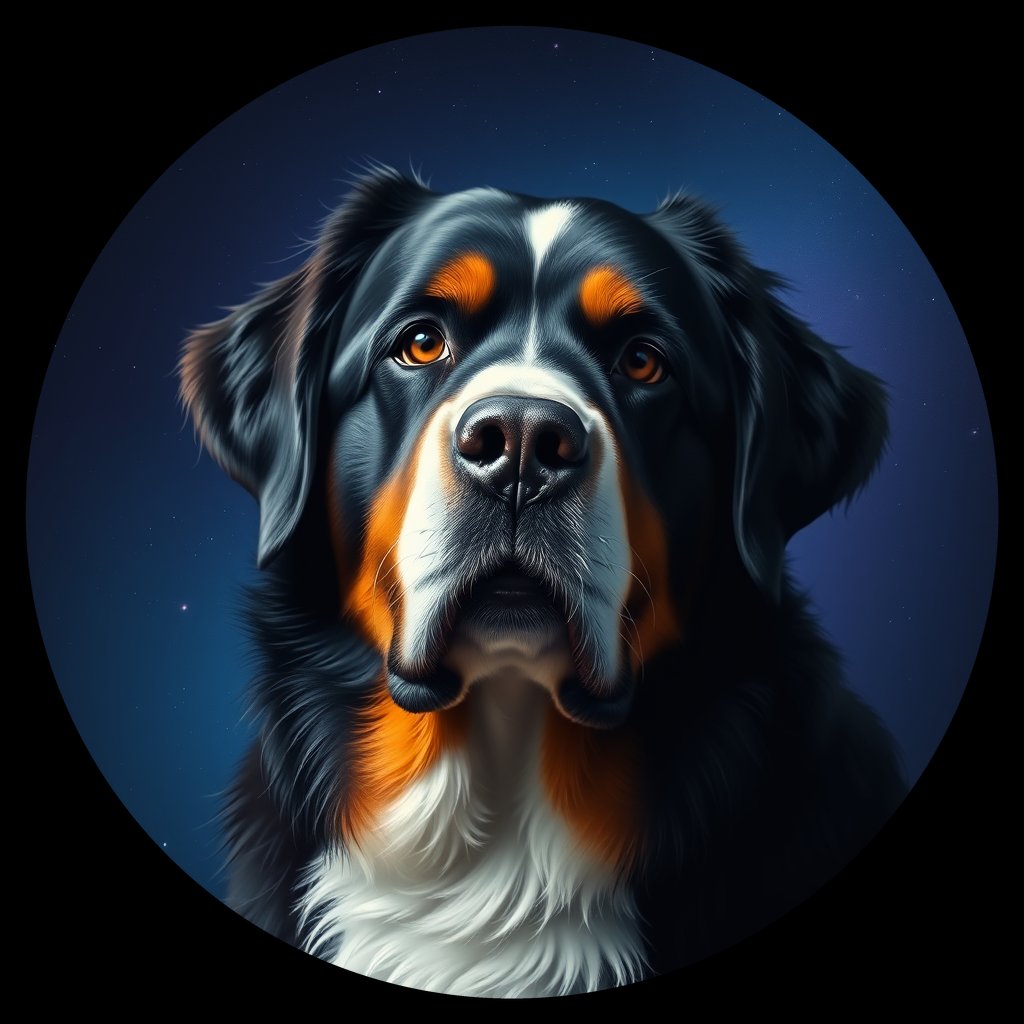 Cosmic medallion portrait of Bernese_Mountain_Dog_8856, a Bernese Mountain Dog