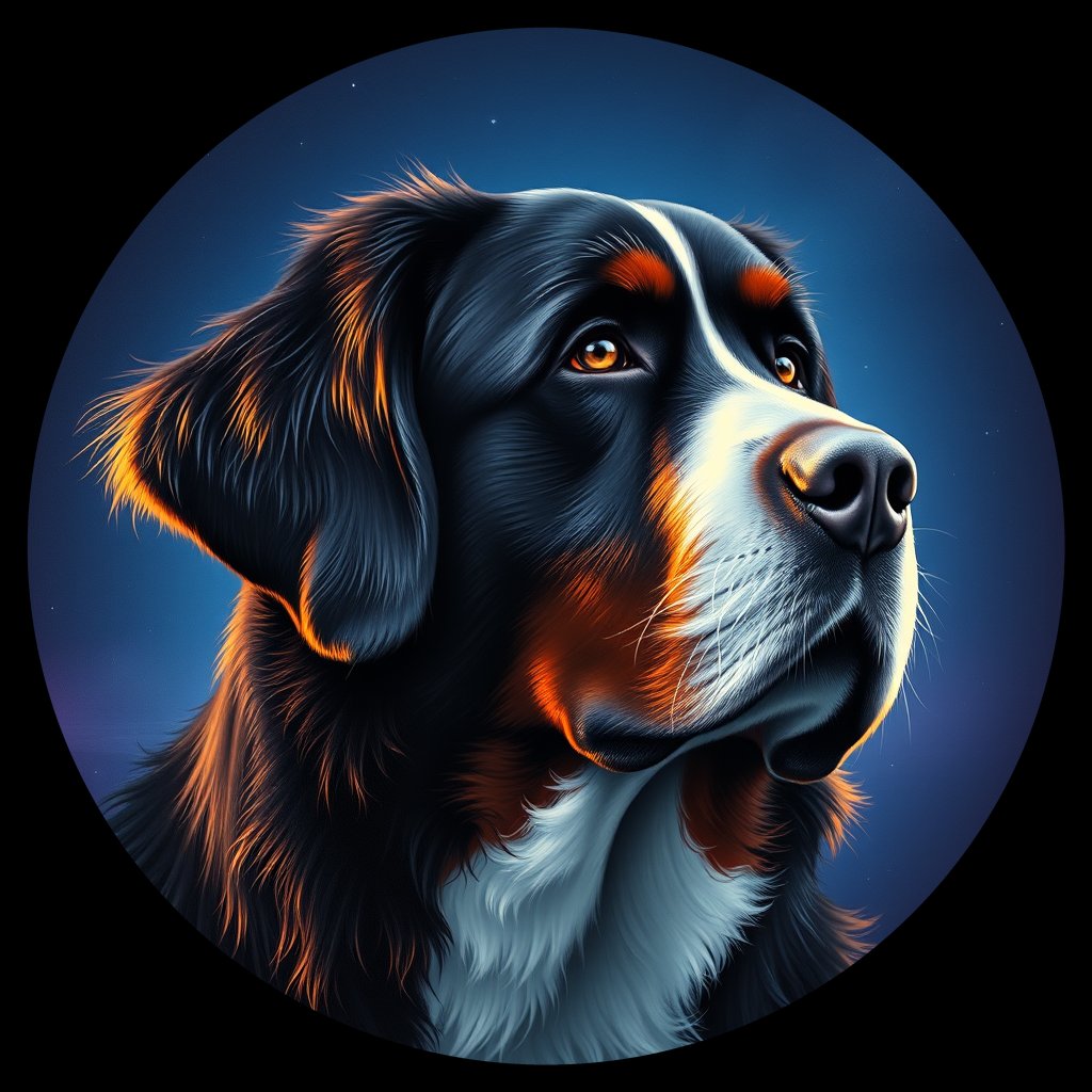 Cosmic medallion portrait of Bernese_Mountain_Dog_8920, a Bernese Mountain Dog