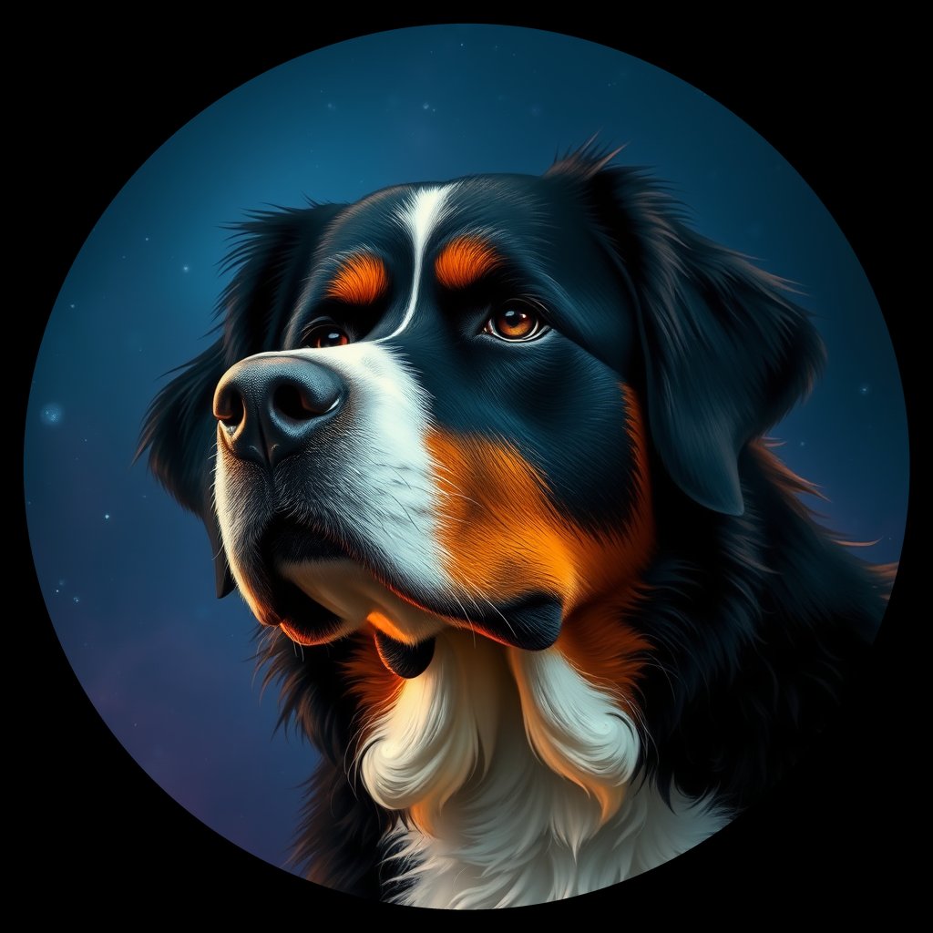 Cosmic medallion portrait of Bernese_Mountain_Dog_8940, a Bernese Mountain Dog