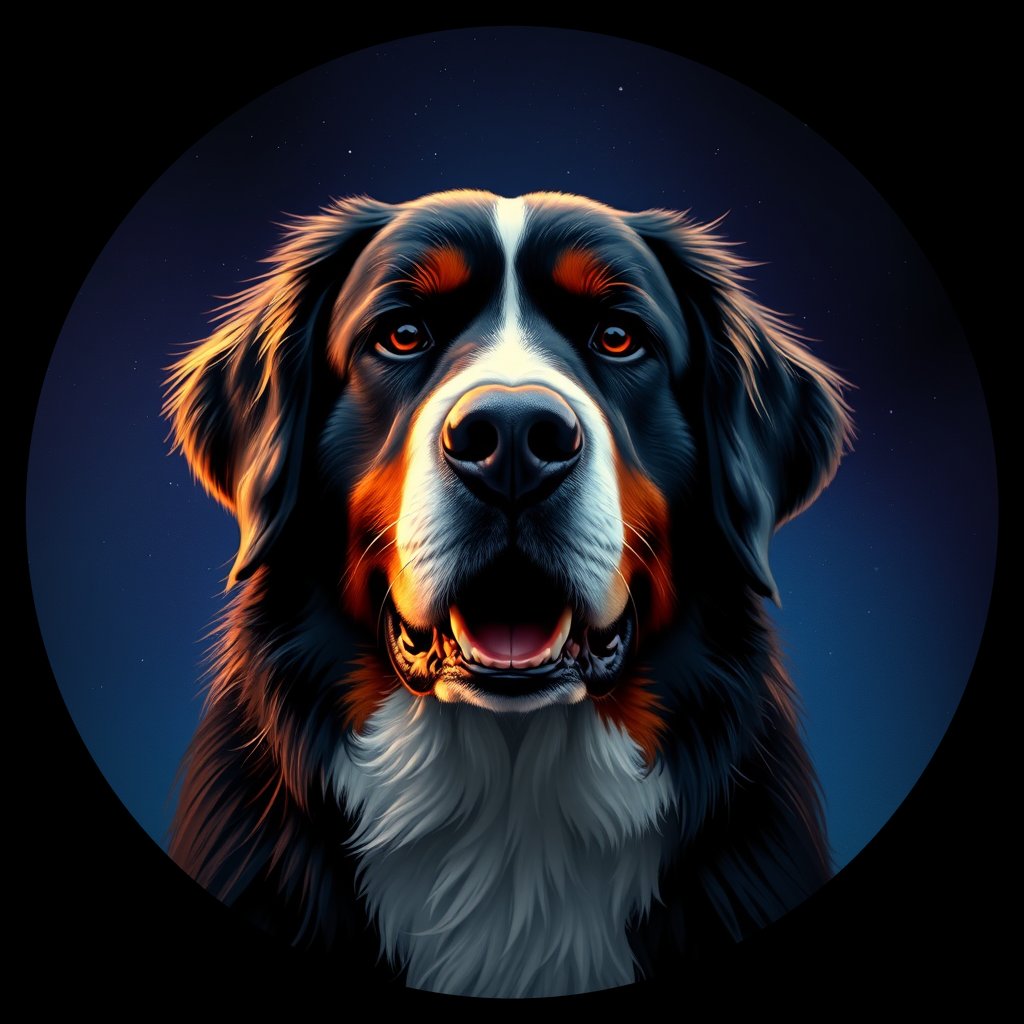 Cosmic medallion portrait of Bernese_Mountain_Dog_8953, a Bernese Mountain Dog