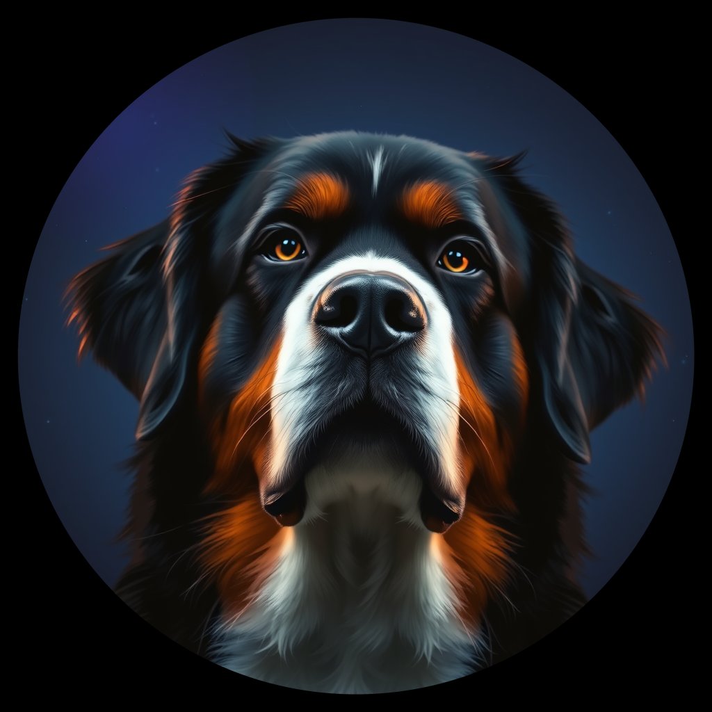 Cosmic medallion portrait of Bernese_Mountain_Dog_8999, a Bernese Mountain Dog