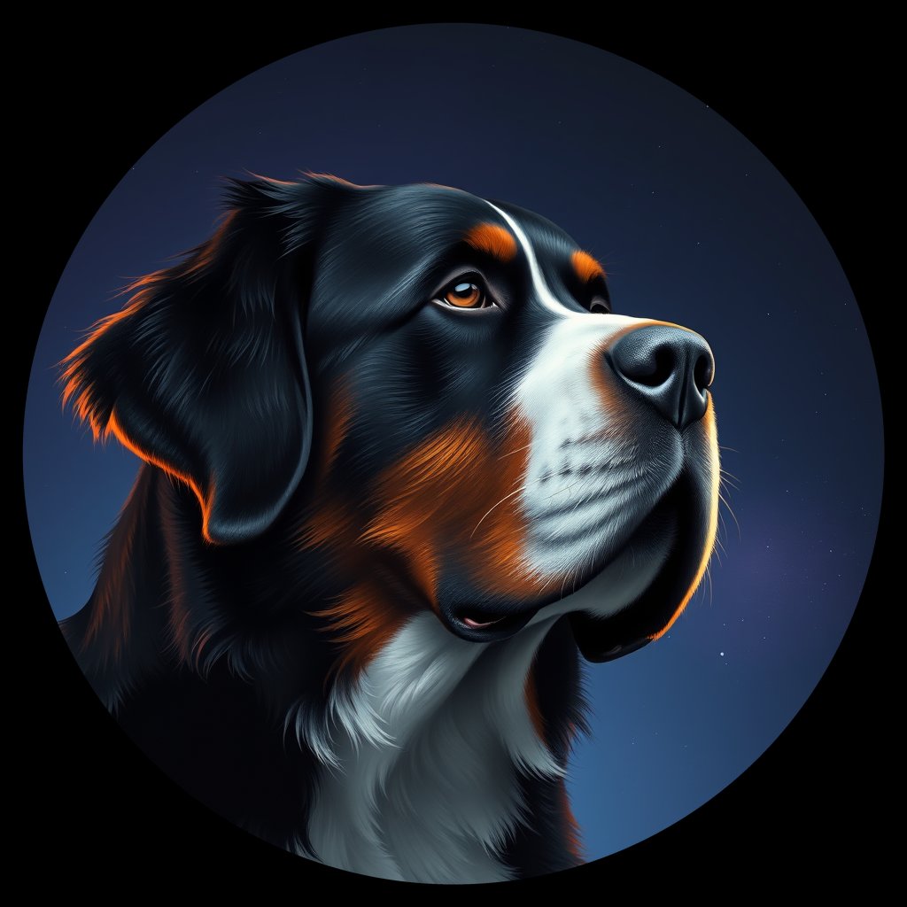 Cosmic medallion portrait of Bernese_Mountain_Dog_9231, a Bernese Mountain Dog