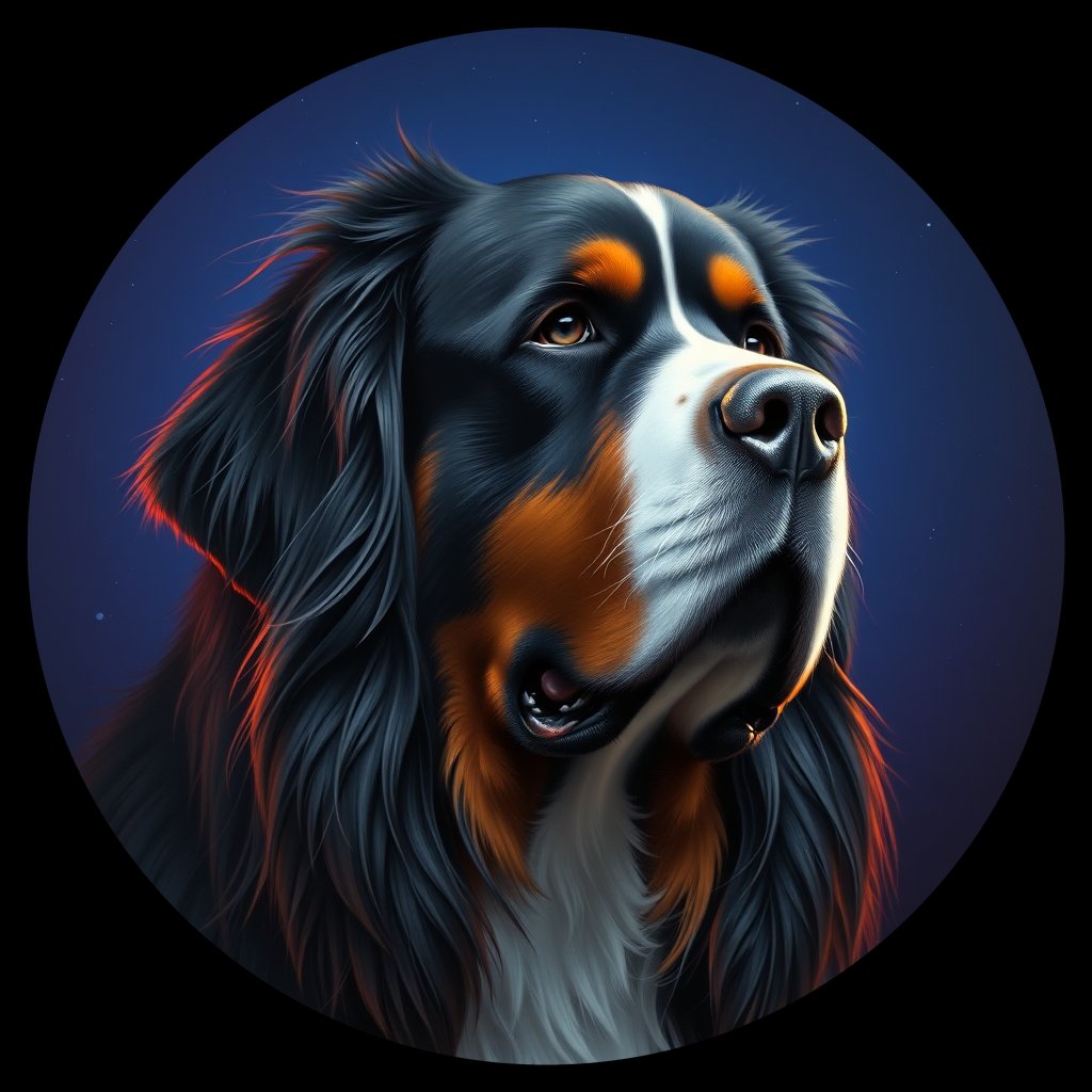 Cosmic medallion portrait of Bernese_Mountain_Dog_9263, a Bernese Mountain Dog