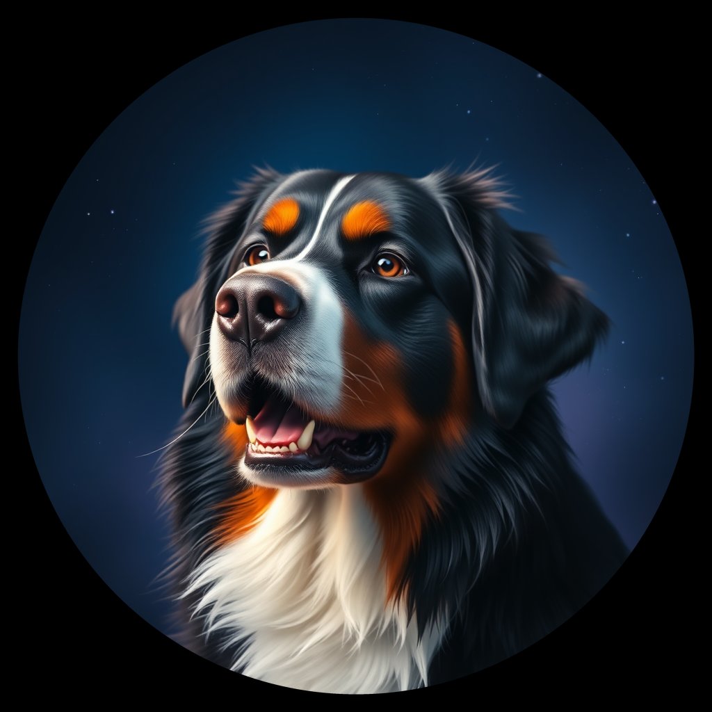 Cosmic medallion portrait of Bernese_Mountain_Dog_9273, a Bernese Mountain Dog