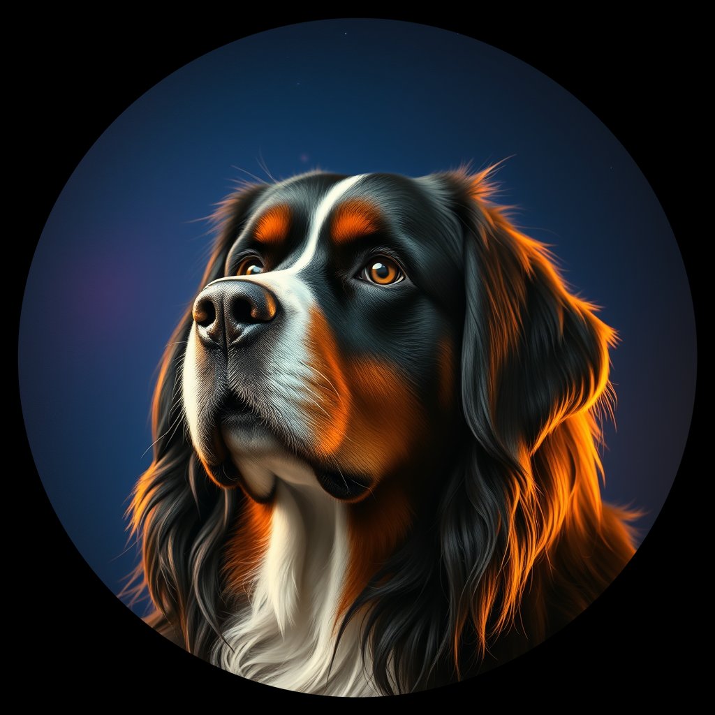 Cosmic medallion portrait of Bernese_Mountain_Dog_9289, a Bernese Mountain Dog