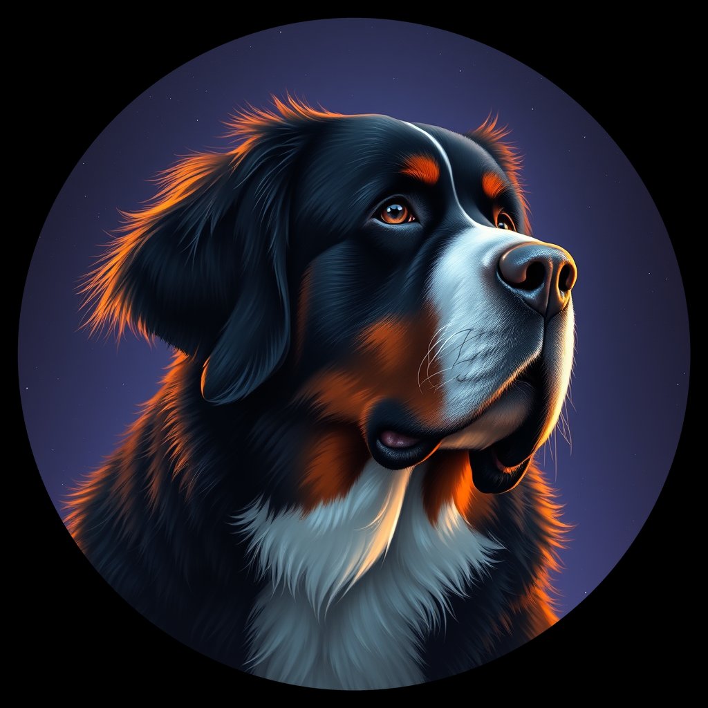 Cosmic medallion portrait of Bernese_Mountain_Dog_9295, a Bernese Mountain Dog
