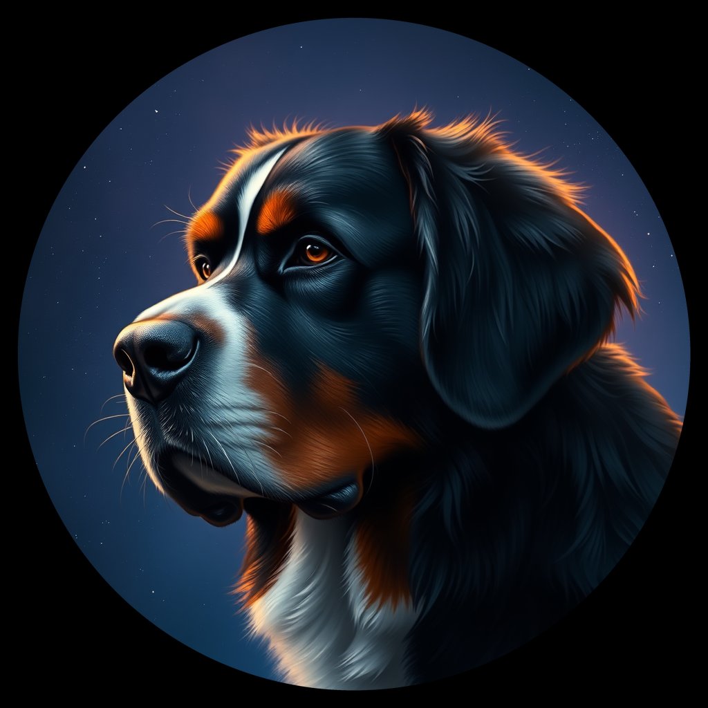 Cosmic medallion portrait of Bernese_Mountain_Dog_9335, a Bernese Mountain Dog