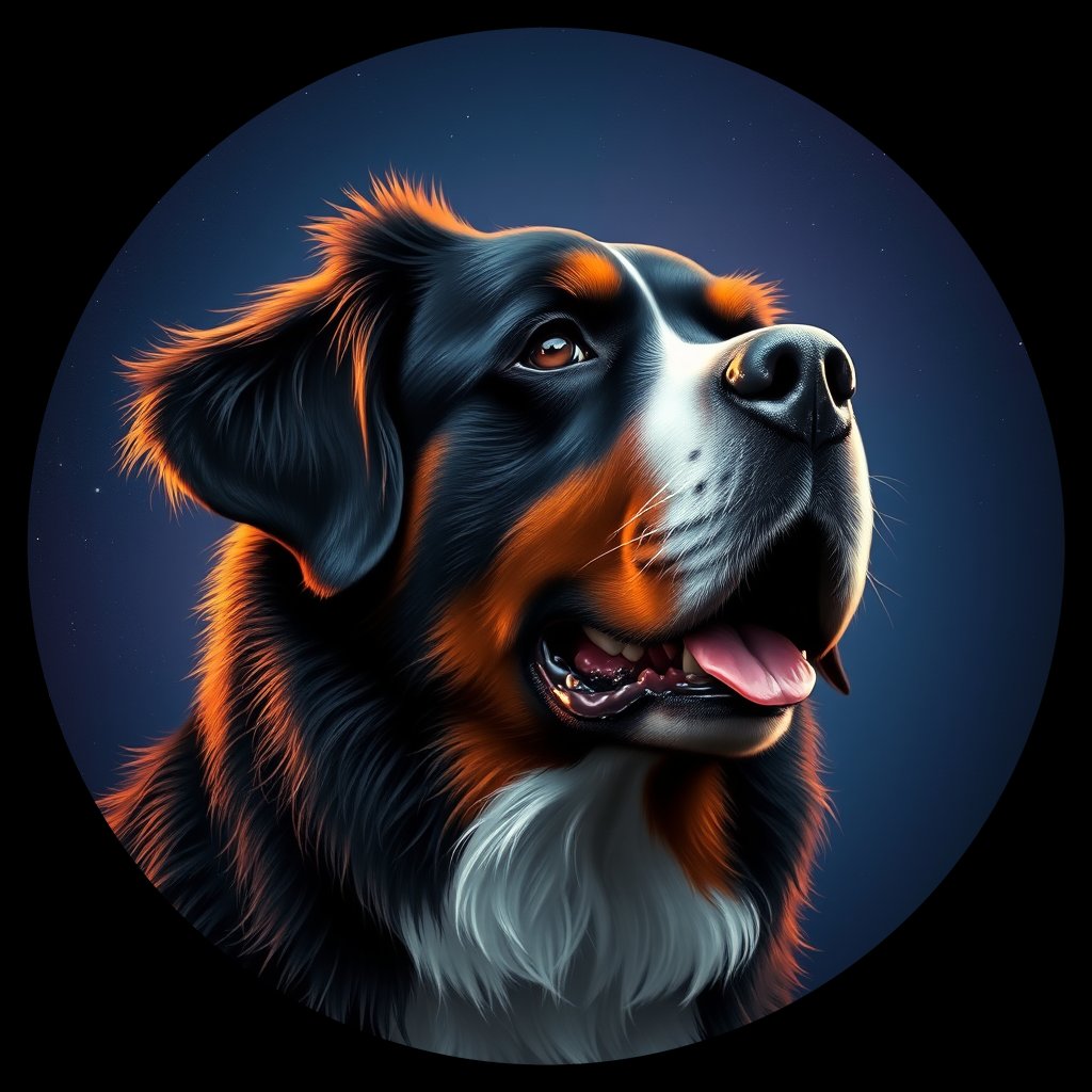 Cosmic medallion portrait of Bernese_Mountain_Dog_9351, a Bernese Mountain Dog