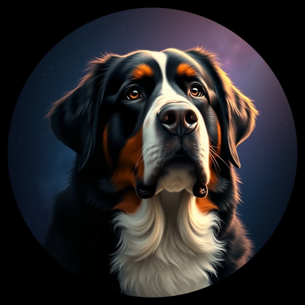 Cosmic medallion portrait of Bernese_Mountain_Dog_9369, a Bernese Mountain Dog