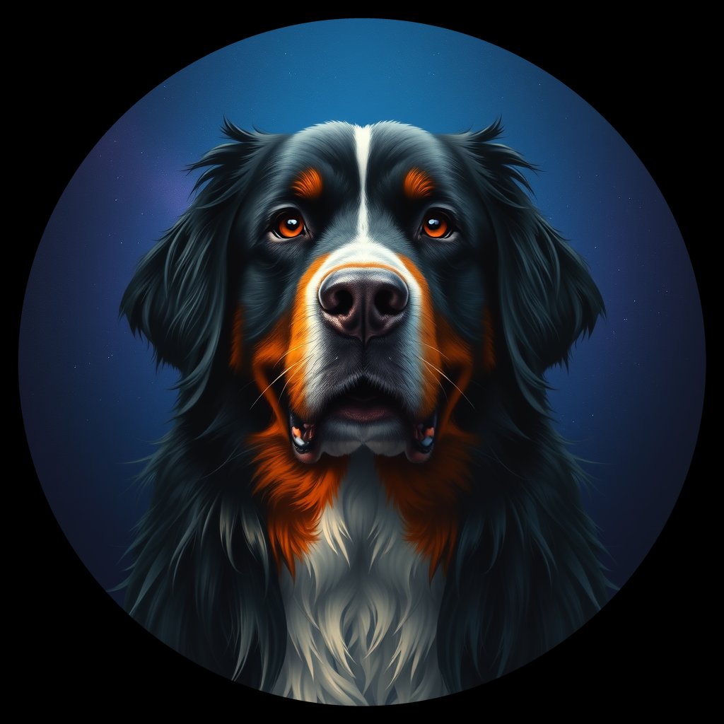 Cosmic medallion portrait of Bernese_Mountain_Dog_9370, a Bernese Mountain Dog