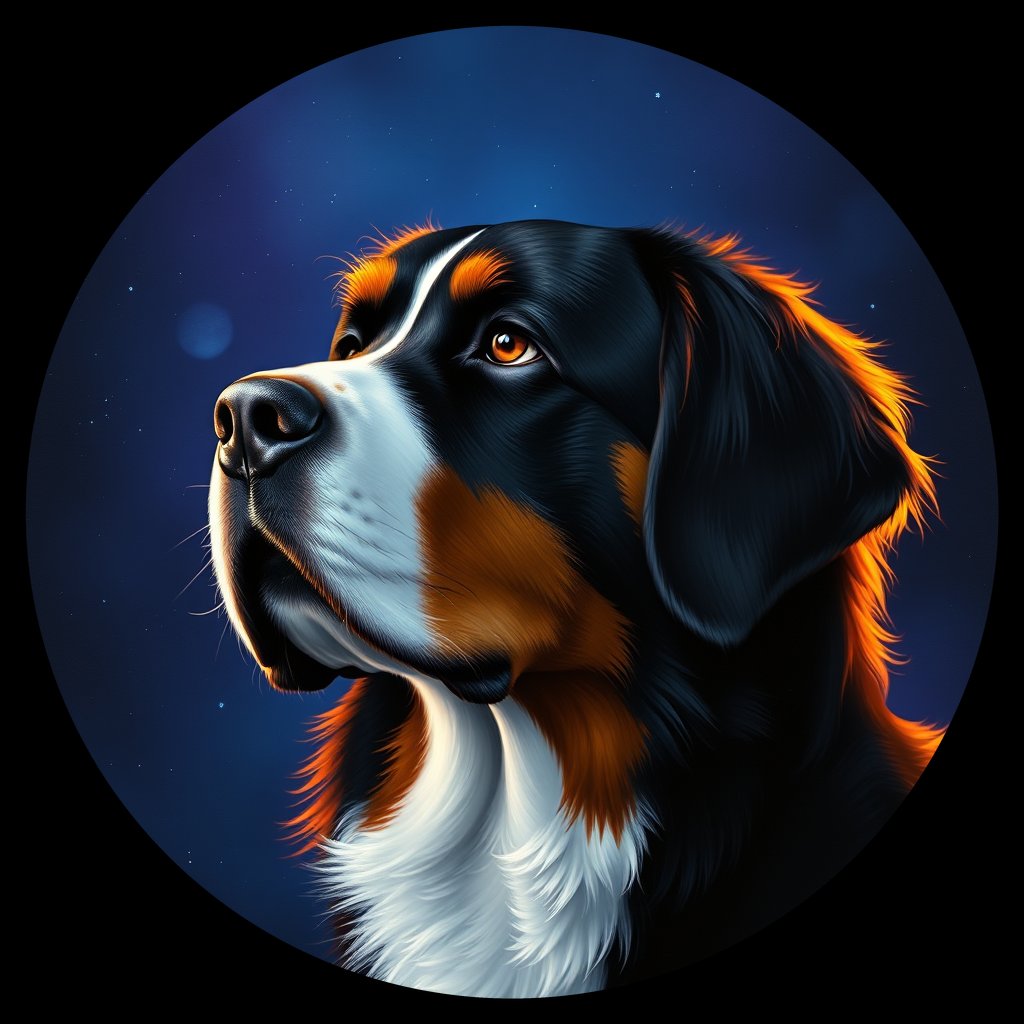 Cosmic medallion portrait of Bernese_Mountain_Dog_9406, a Bernese Mountain Dog