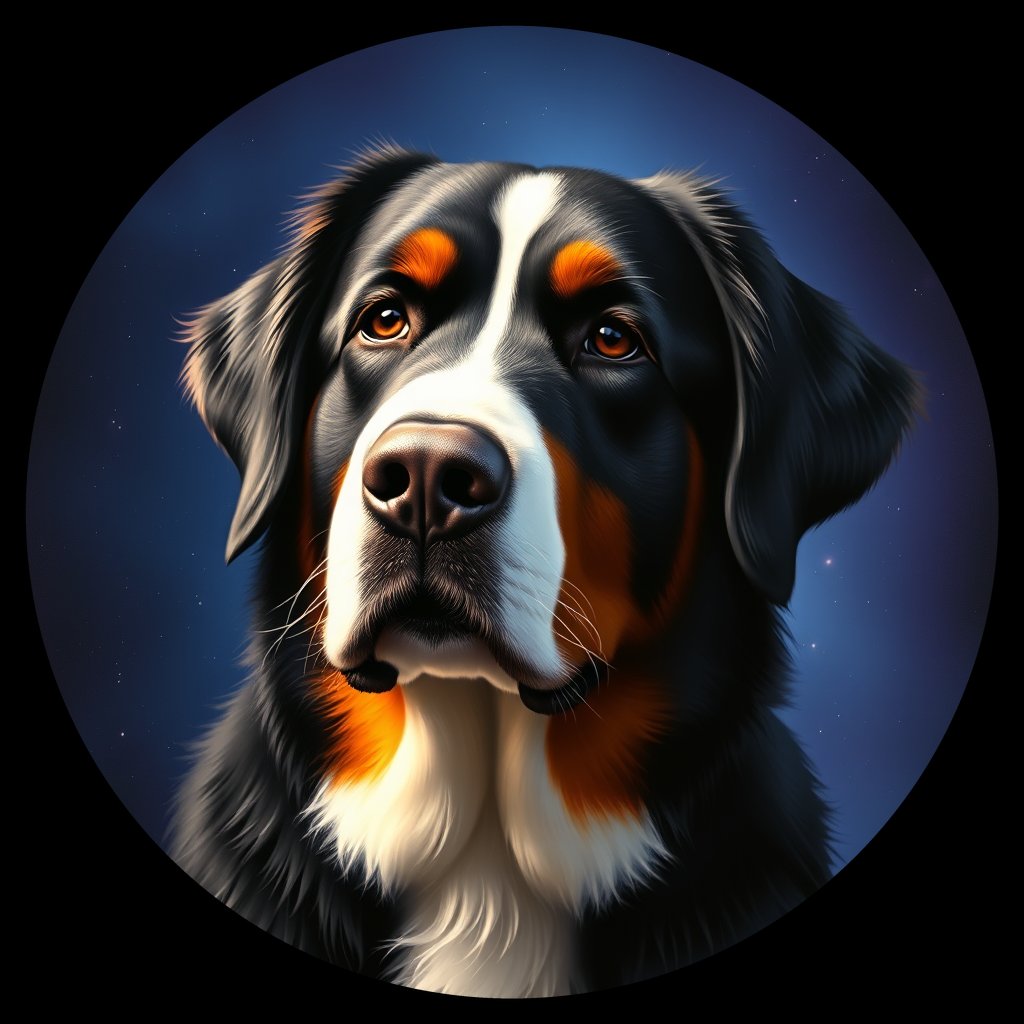 Cosmic medallion portrait of Bernese_Mountain_Dog_9475, a Bernese Mountain Dog