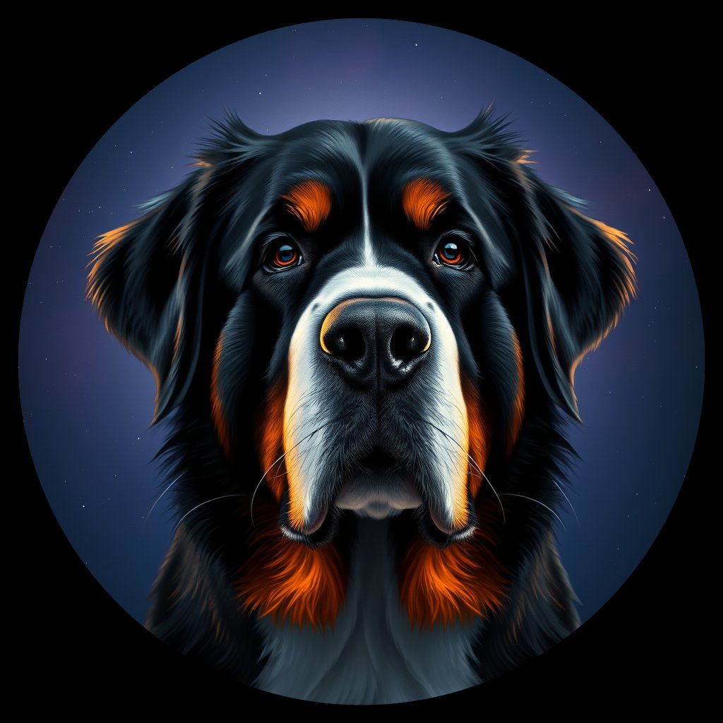 Cosmic medallion portrait of Bernese_Mountain_Dog_9499, a Bernese Mountain Dog
