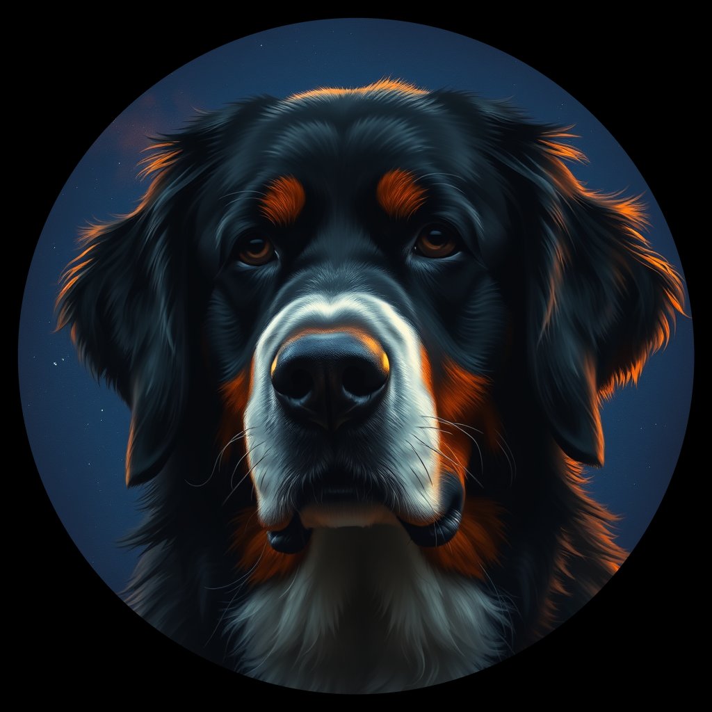Cosmic medallion portrait of Bernese_Mountain_Dog_9514, a Bernese Mountain Dog