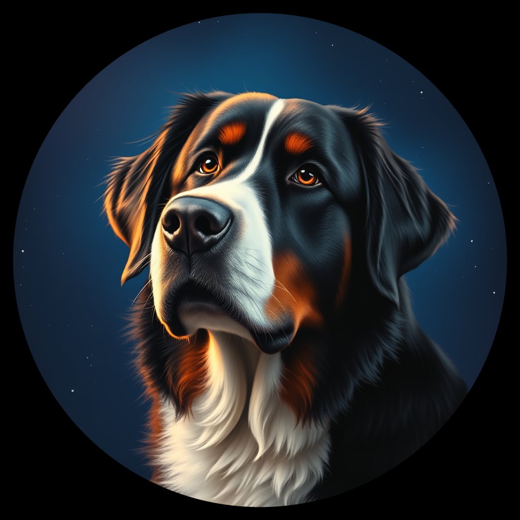 Cosmic medallion portrait of Bernese_Mountain_Dog_9515, a Bernese Mountain Dog