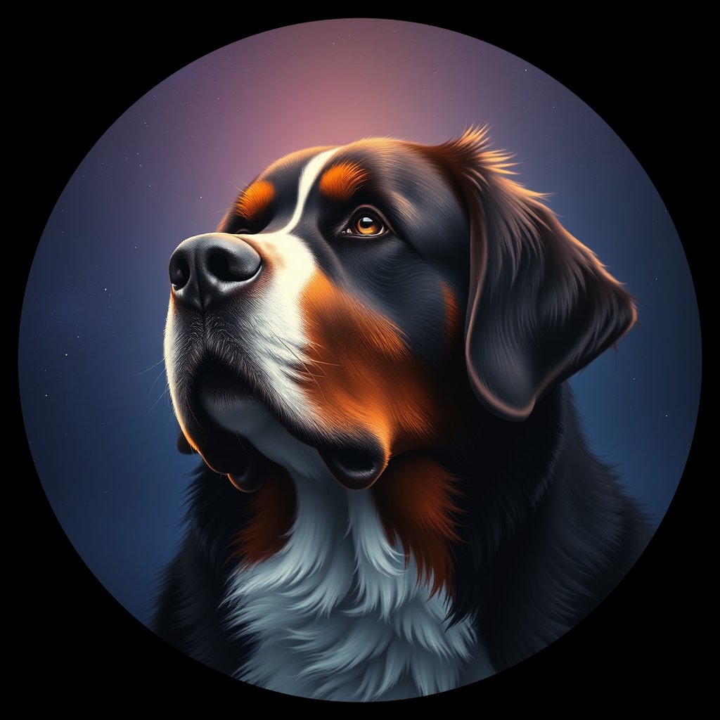 Cosmic medallion portrait of Bernese_Mountain_Dog_9603, a Bernese Mountain Dog