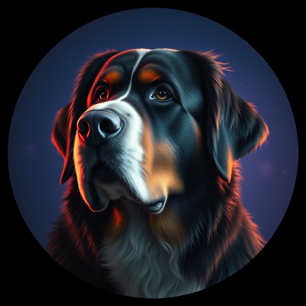 Cosmic medallion portrait of Bernese_Mountain_Dog_9605, a Bernese Mountain Dog