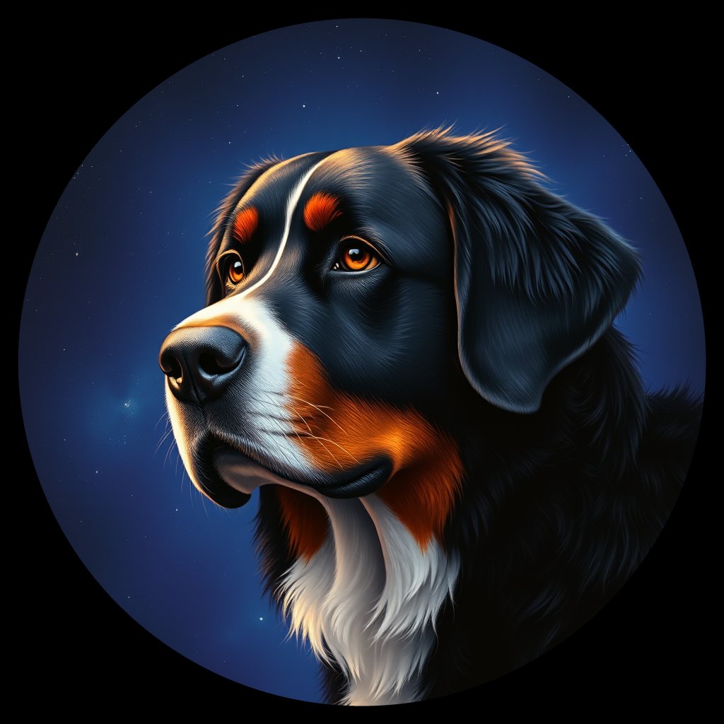 Cosmic medallion portrait of Bernese_Mountain_Dog_9631, a Bernese Mountain Dog