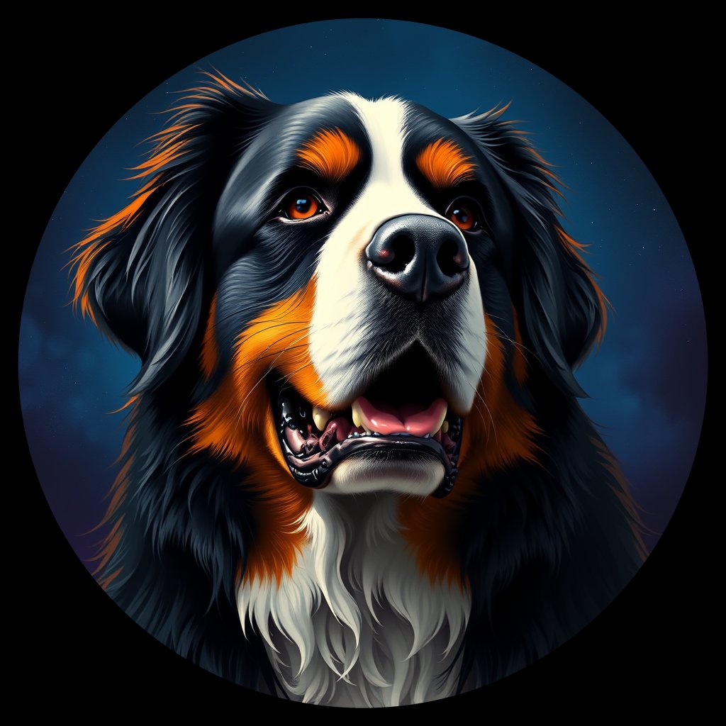 Cosmic medallion portrait of Bernese_Mountain_Dog_9698, a Bernese Mountain Dog