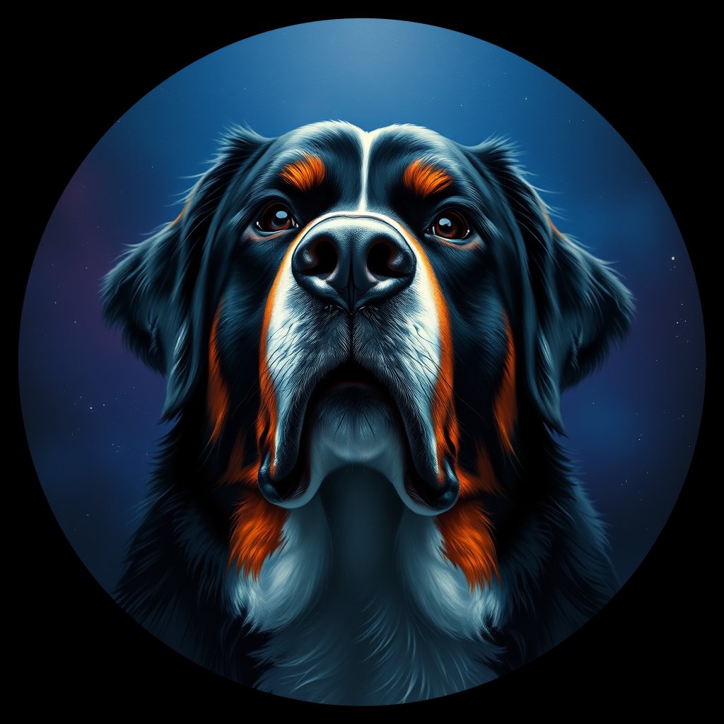 Cosmic medallion portrait of Bernese_Mountain_Dog_9869, a Bernese Mountain Dog