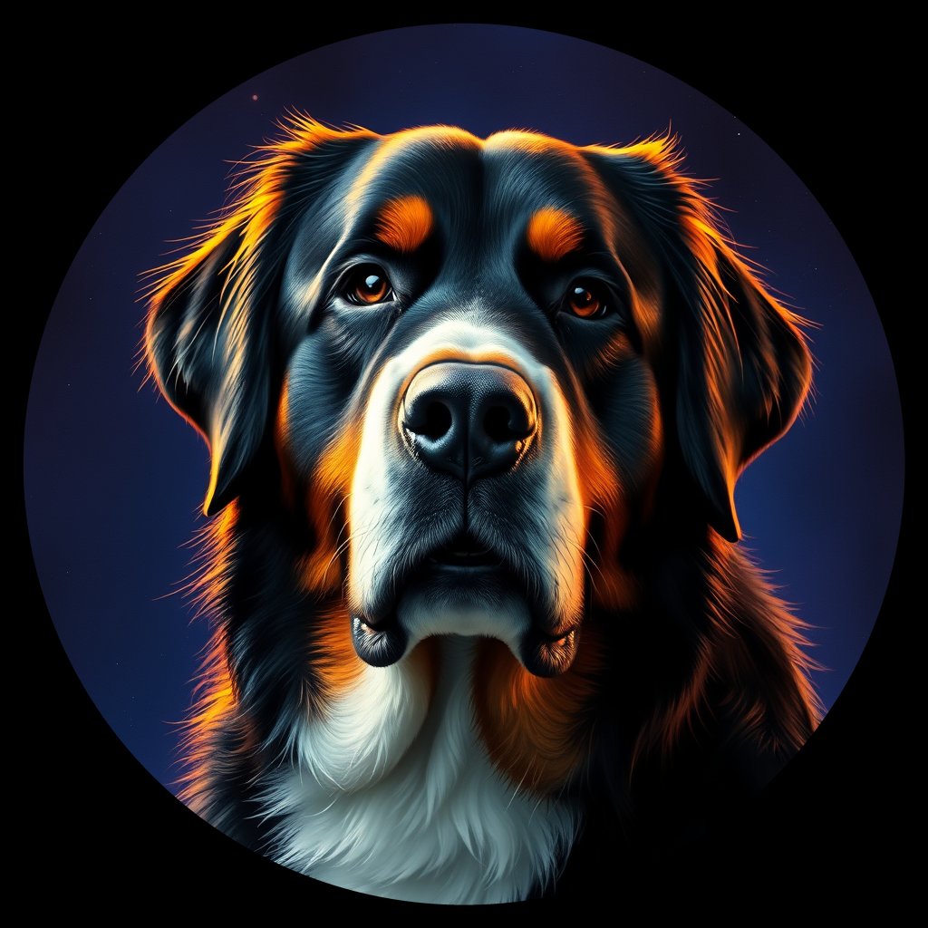 Cosmic medallion portrait of Bernese_Mountain_Dog_9883, a Bernese Mountain Dog