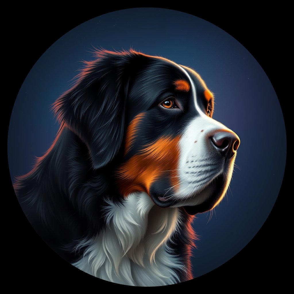 Cosmic medallion portrait of Bernese_Mountain_Dog_9924, a Bernese Mountain Dog