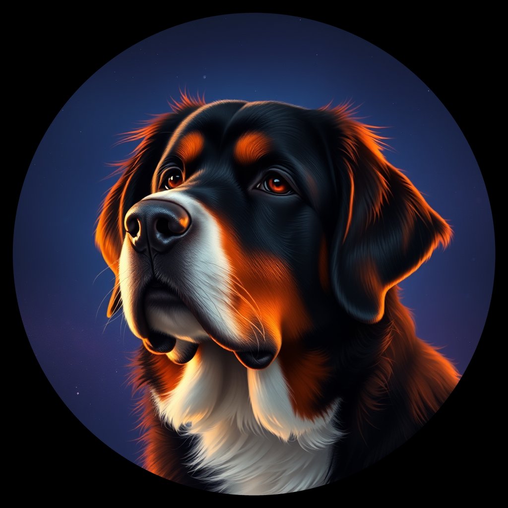 Cosmic medallion portrait of Bernese_Mountain_Dog_9944, a Bernese Mountain Dog