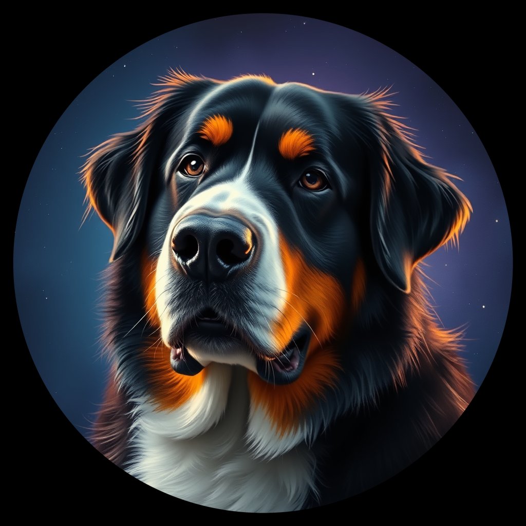 Cosmic medallion portrait of Bernese_Mountain_Dog_9982, a Bernese Mountain Dog