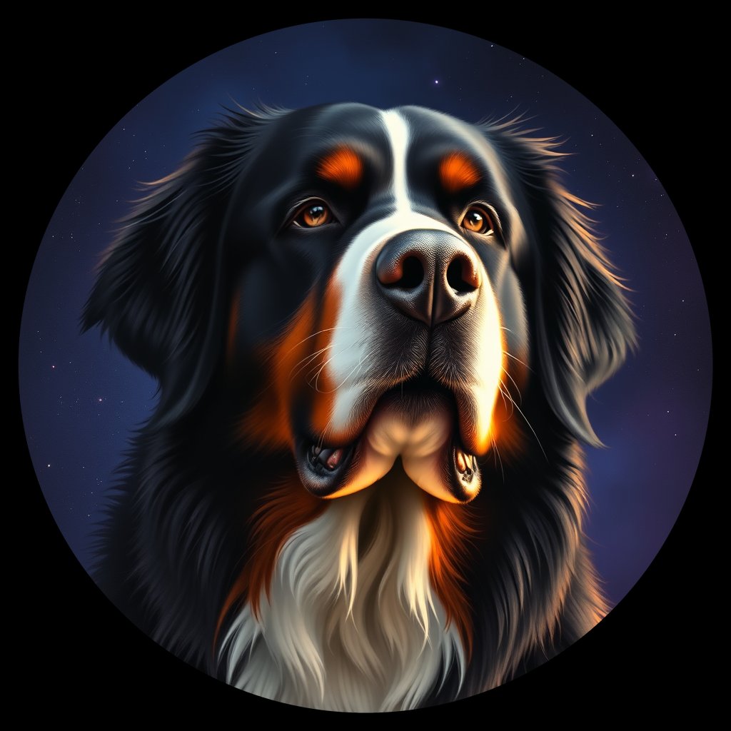 Cosmic medallion portrait of Bernese_Mountain_Dog_A_A4, a Bernese Mountain Dog