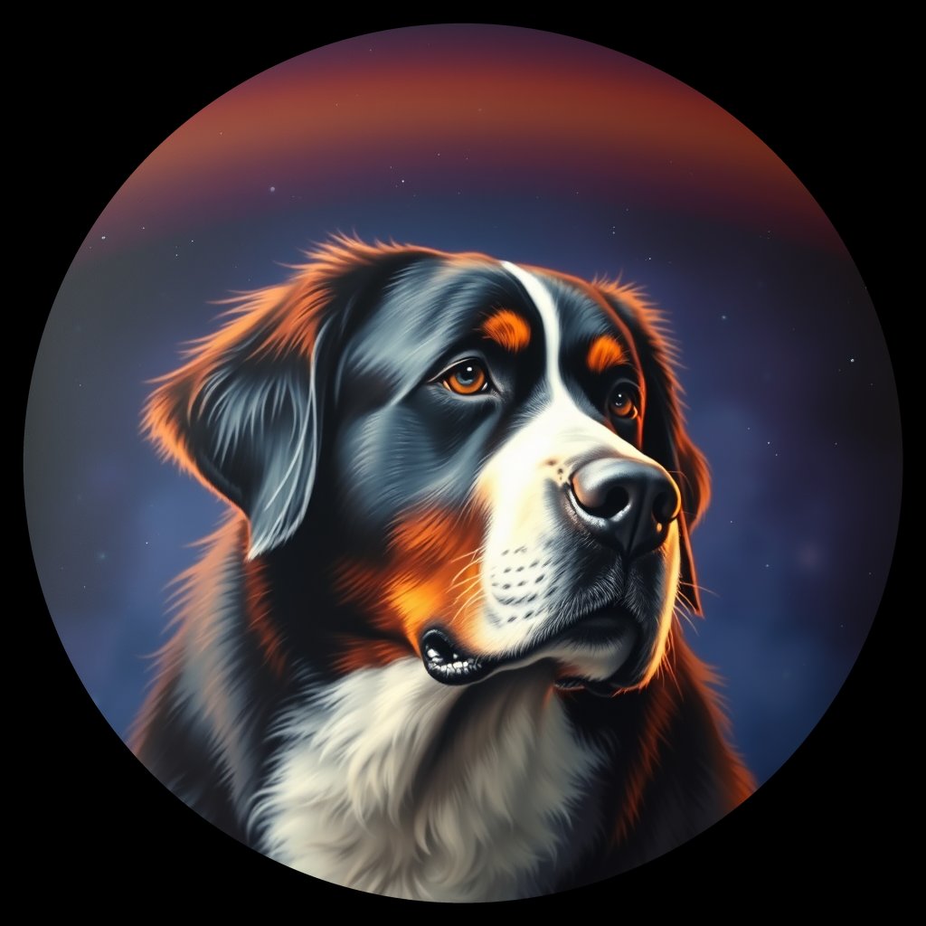 Cosmic medallion portrait of Bernese_Mountain_Dog_A_A6, a Bernese Mountain Dog