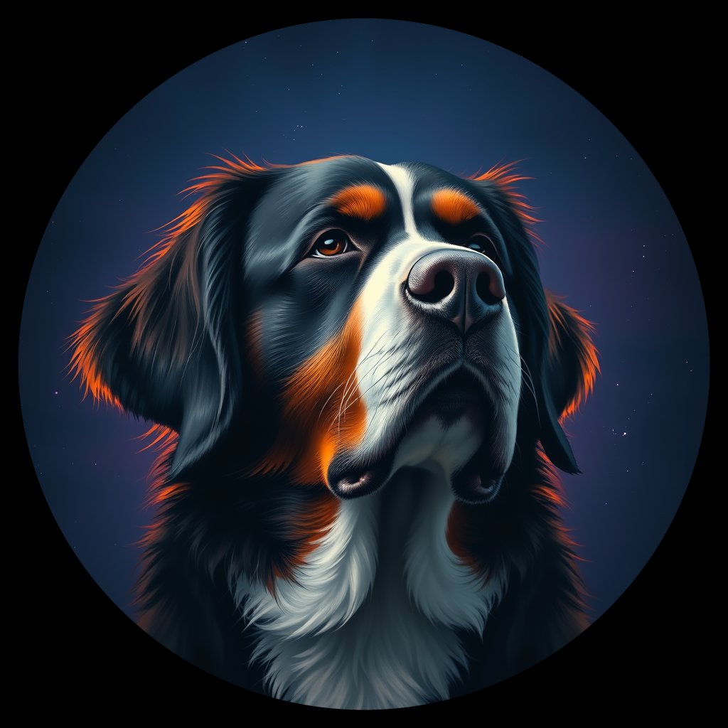 Cosmic medallion portrait of Bernese_Mountain_Dog_A_A7, a Bernese Mountain Dog