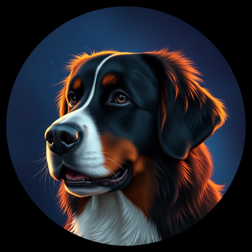 Cosmic medallion portrait of Bernese_Mountain_Dog_A_B3, a Bernese Mountain Dog