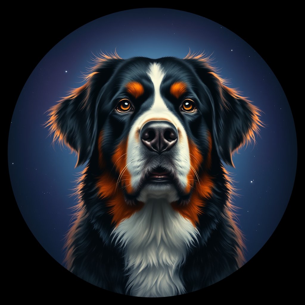 Cosmic medallion portrait of Bernese_Mountain_Dog_A_B8, a Bernese Mountain Dog