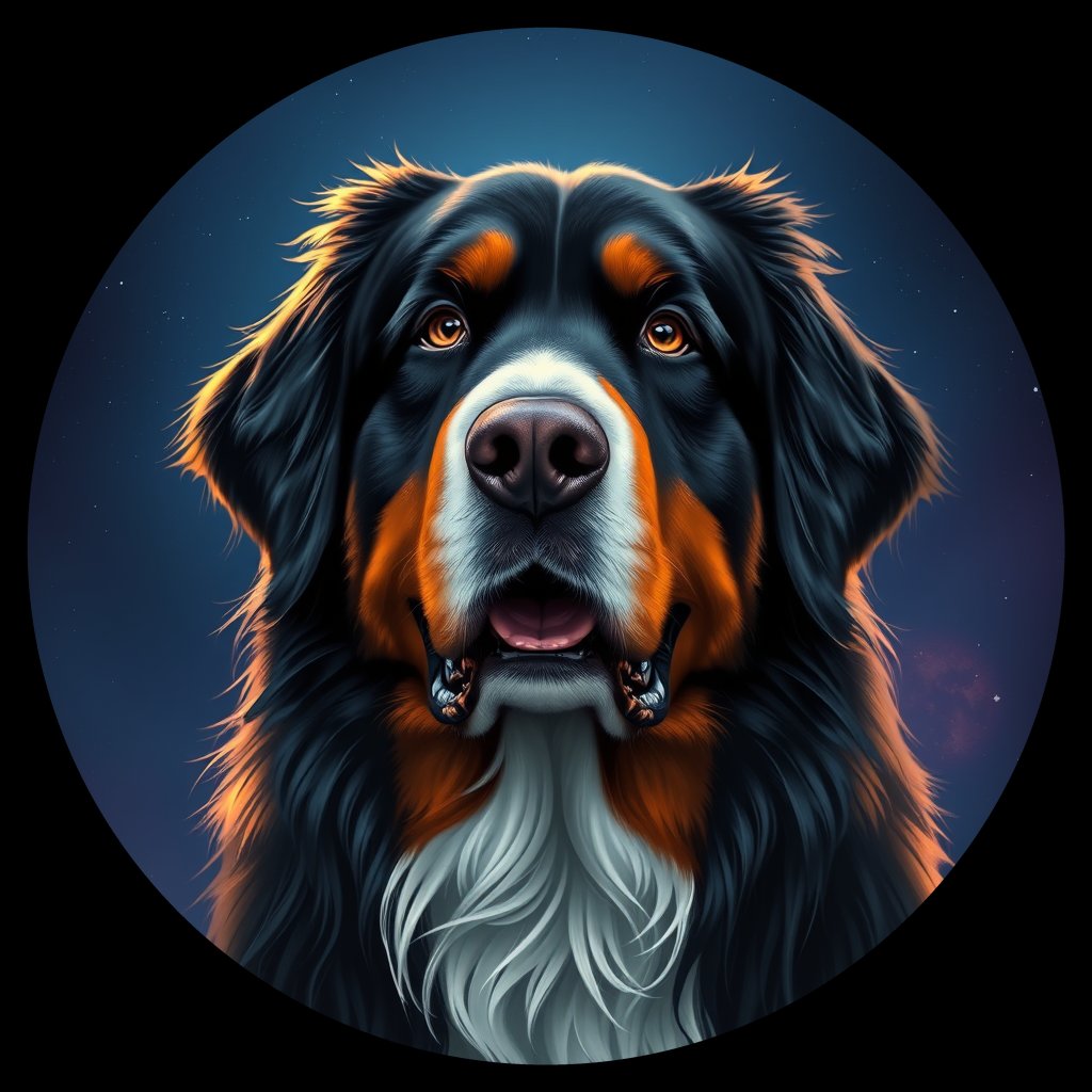 Cosmic medallion portrait of Bernese_Mountain_Dog_A_C7, a Bernese Mountain Dog