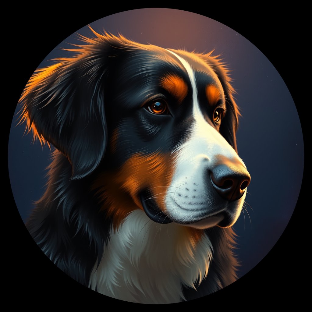 Cosmic medallion portrait of Bernese_Mountain_Dog_A_C8, a Bernese Mountain Dog