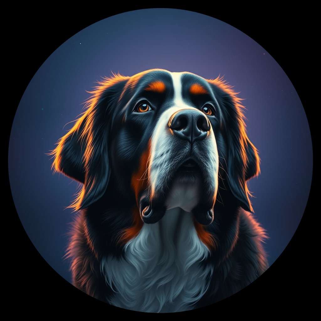 Cosmic medallion portrait of Bernese_Mountain_Dog_A_D3, a Bernese Mountain Dog