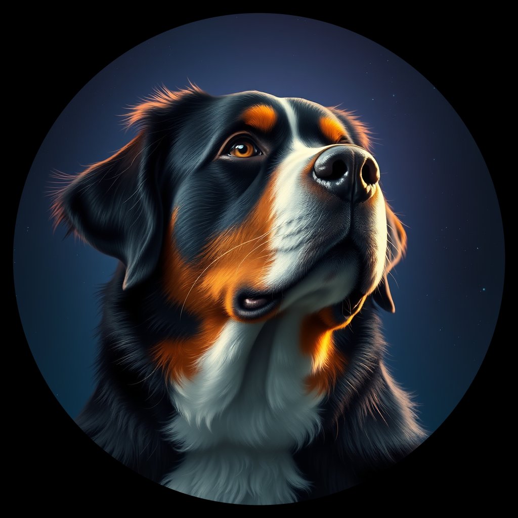 Cosmic medallion portrait of Bernese_Mountain_Dog_A_D4, a Bernese Mountain Dog