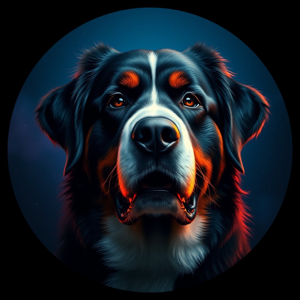 Cosmic medallion portrait of Bernese_Mountain_Dog_A_D5, a Bernese Mountain Dog