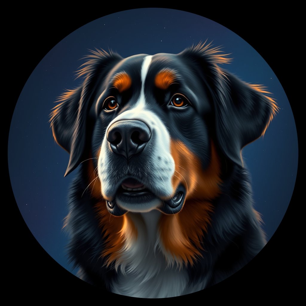 Cosmic medallion portrait of Bernese_Mountain_Dog_A_E1, a Bernese Mountain Dog