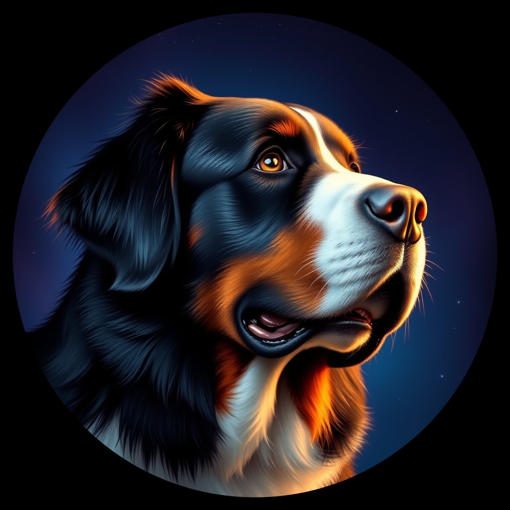 Cosmic medallion portrait of Bernese_Mountain_Dog_A_E4, a Bernese Mountain Dog