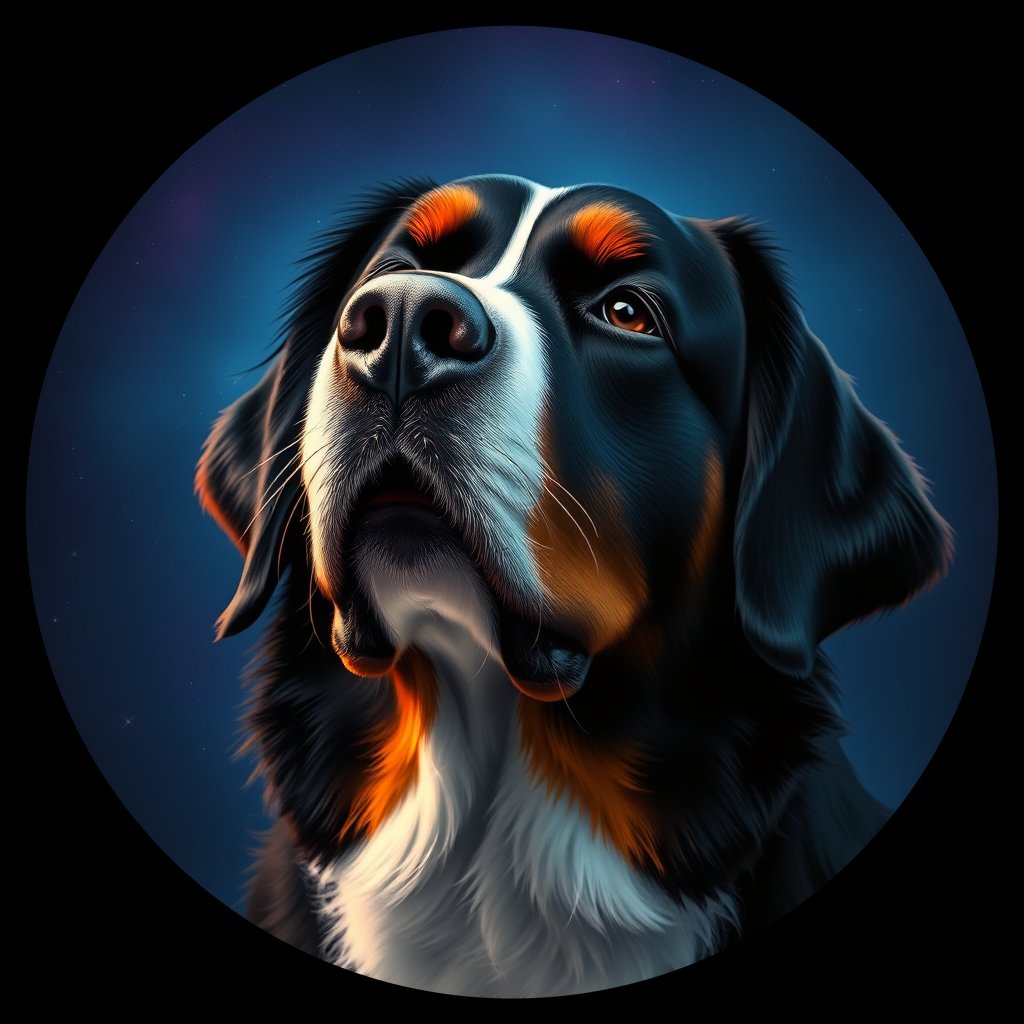 Cosmic medallion portrait of Bernese_Mountain_Dog_A_E5, a Bernese Mountain Dog