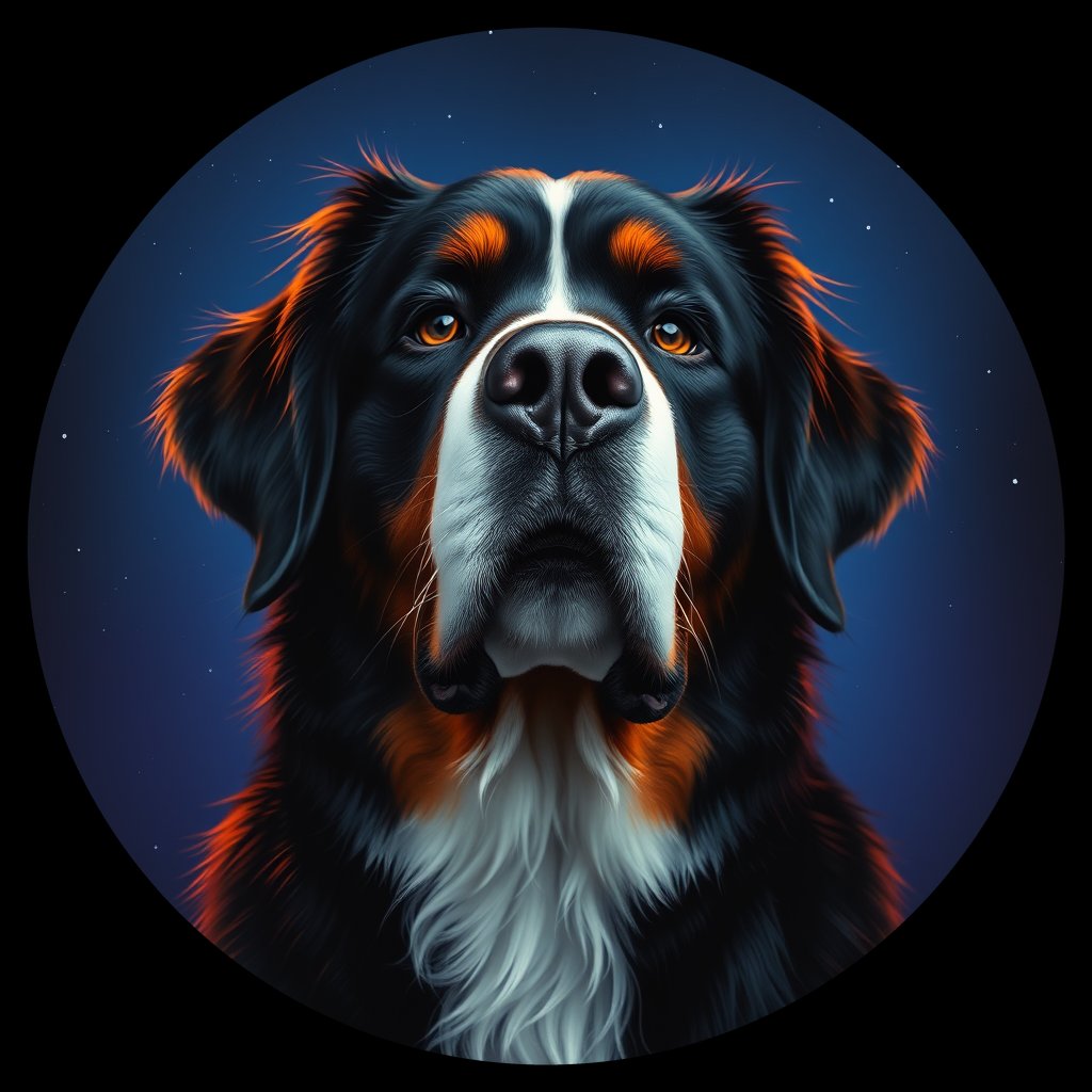 Cosmic medallion portrait of Bernese_Mountain_Dog_A_E7, a Bernese Mountain Dog