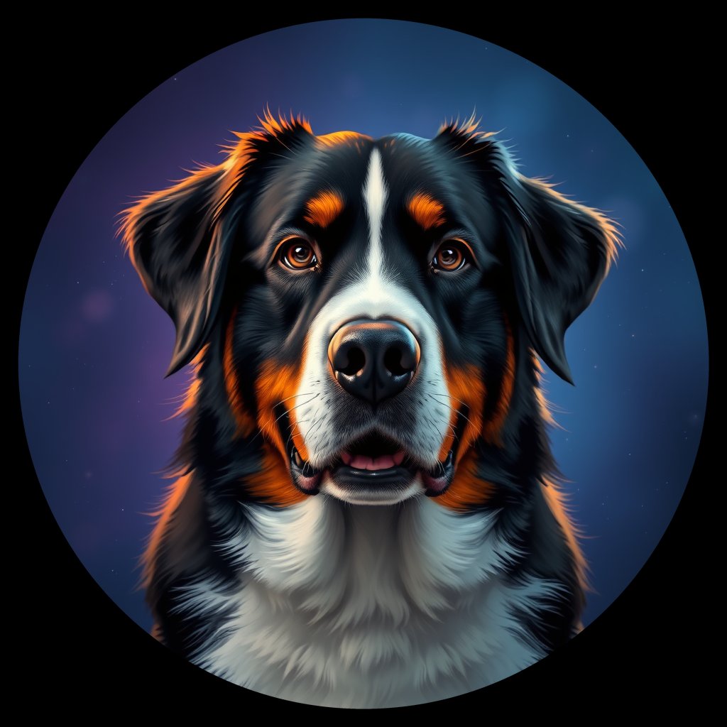 Cosmic medallion portrait of Bernese_Mountain_Dog_A_G1, a Bernese Mountain Dog