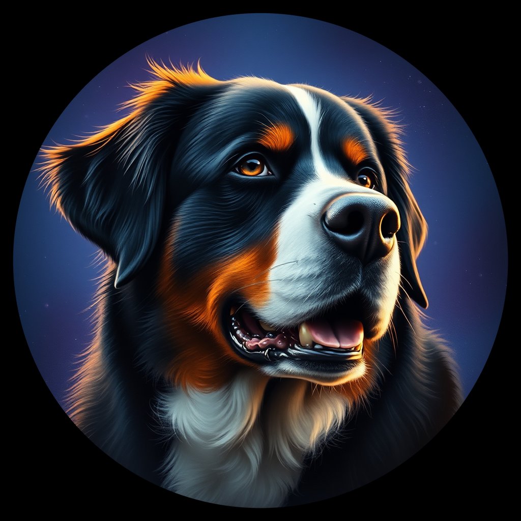 Cosmic medallion portrait of Bernese_Mountain_Dog_A_G2, a Bernese Mountain Dog