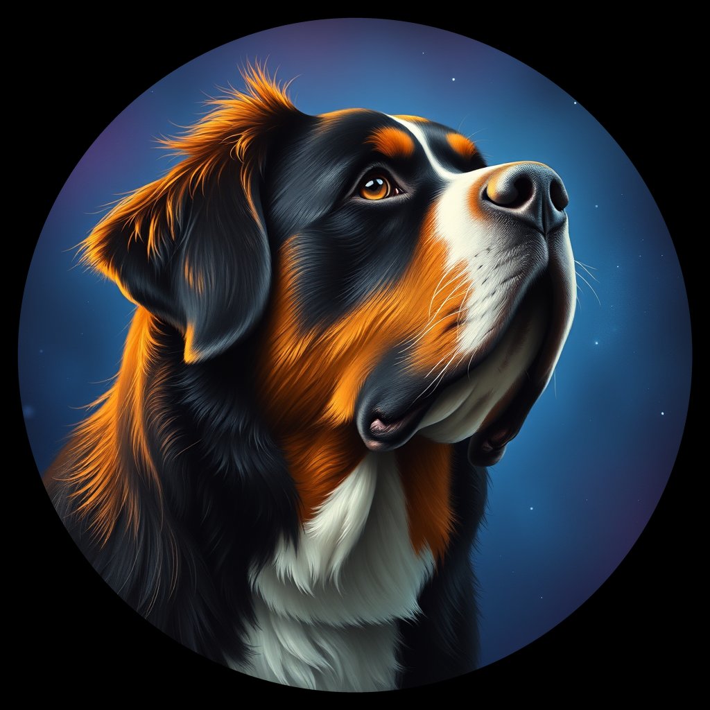Cosmic medallion portrait of Bernese_Mountain_Dog_A_G5, a Bernese Mountain Dog