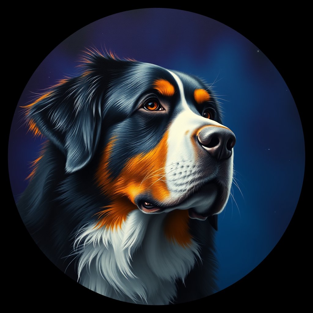 Cosmic medallion portrait of Bernese_Mountain_Dog_A_G6, a Bernese Mountain Dog