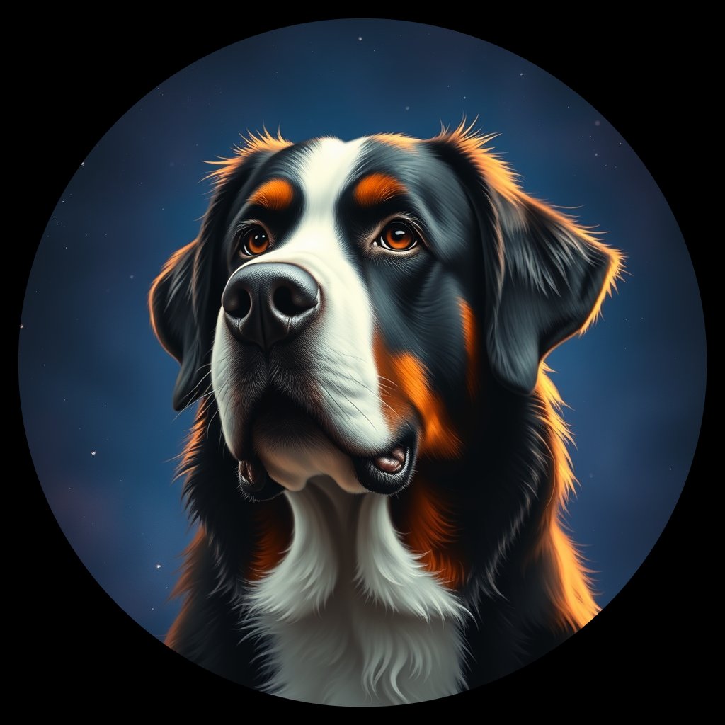 Cosmic medallion portrait of Bernese_Mountain_Dog_A_G7, a Bernese Mountain Dog