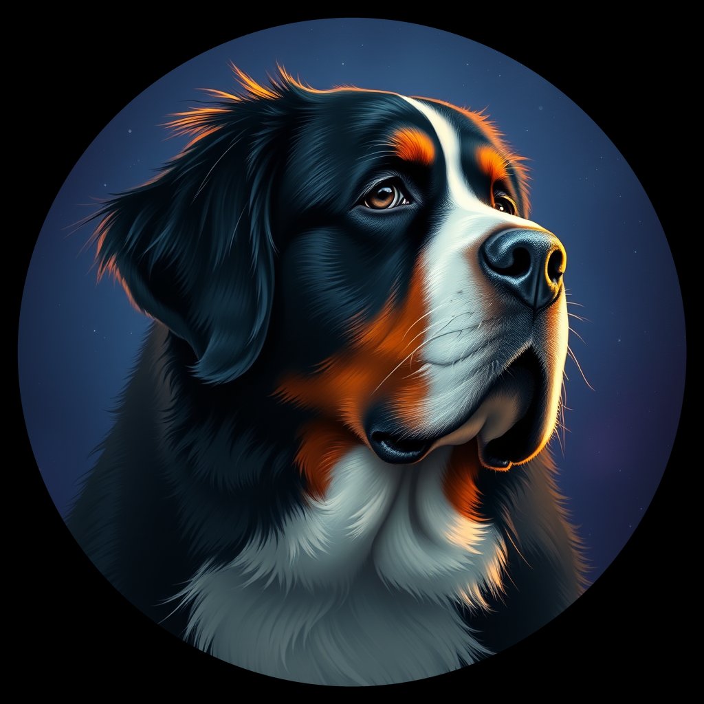 Cosmic medallion portrait of Bernese_Mountain_Dog_A_H2, a Bernese Mountain Dog