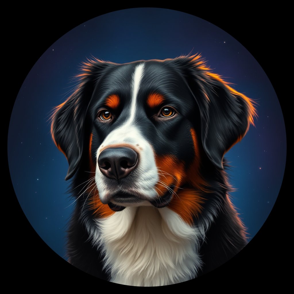 Cosmic medallion portrait of Bernese_Mountain_Dog_A_H4, a Bernese Mountain Dog