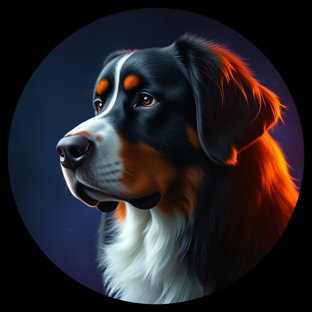 Cosmic medallion portrait of Bernese_Mountain_Dog_A_H6, a Bernese Mountain Dog